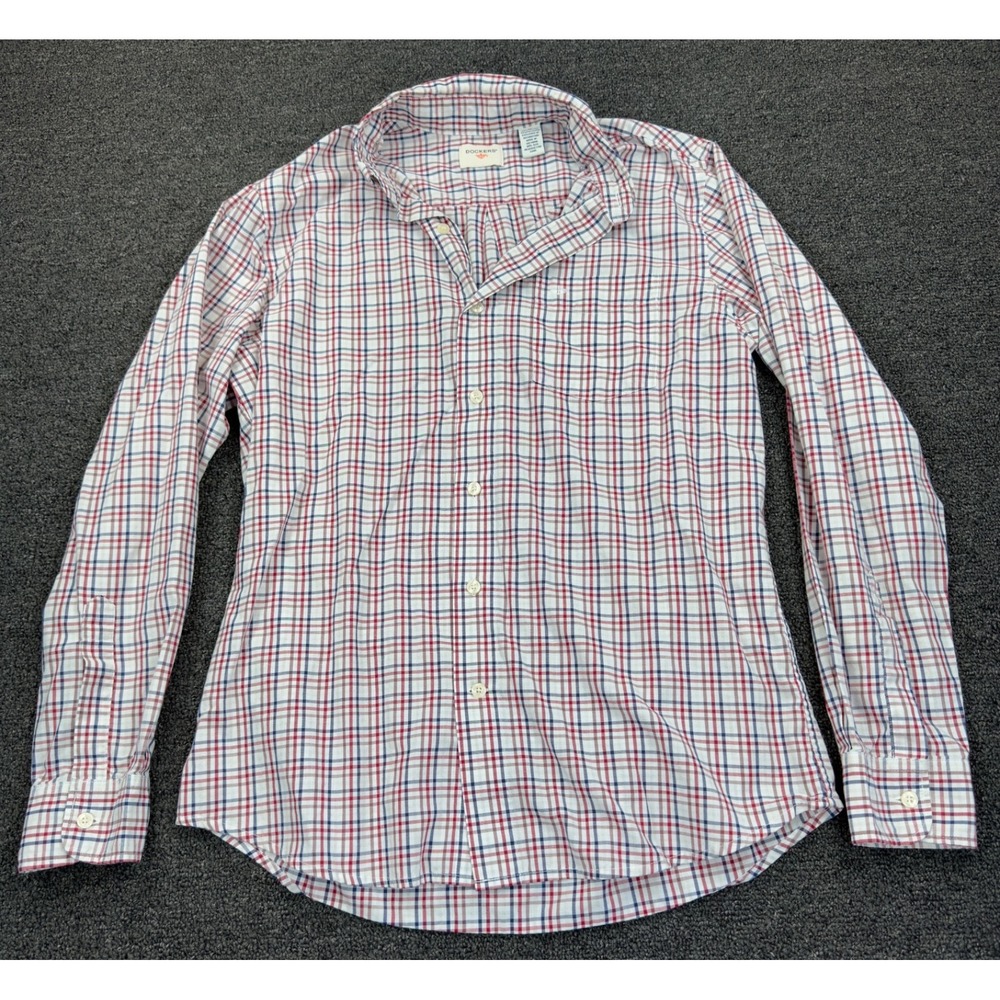 Dockers Plaid Shirt Mens M Vintage‎ Button Up Long Sleeve Red White Blue USA